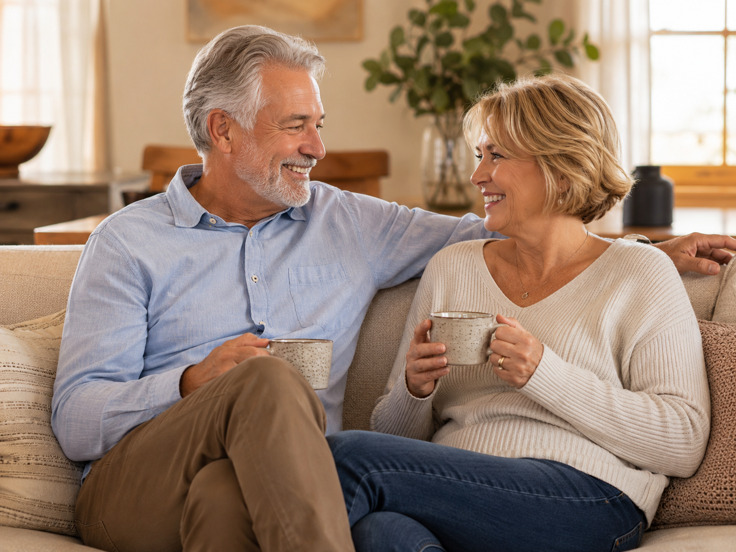 Older couple sharing coffee together in a warm living room