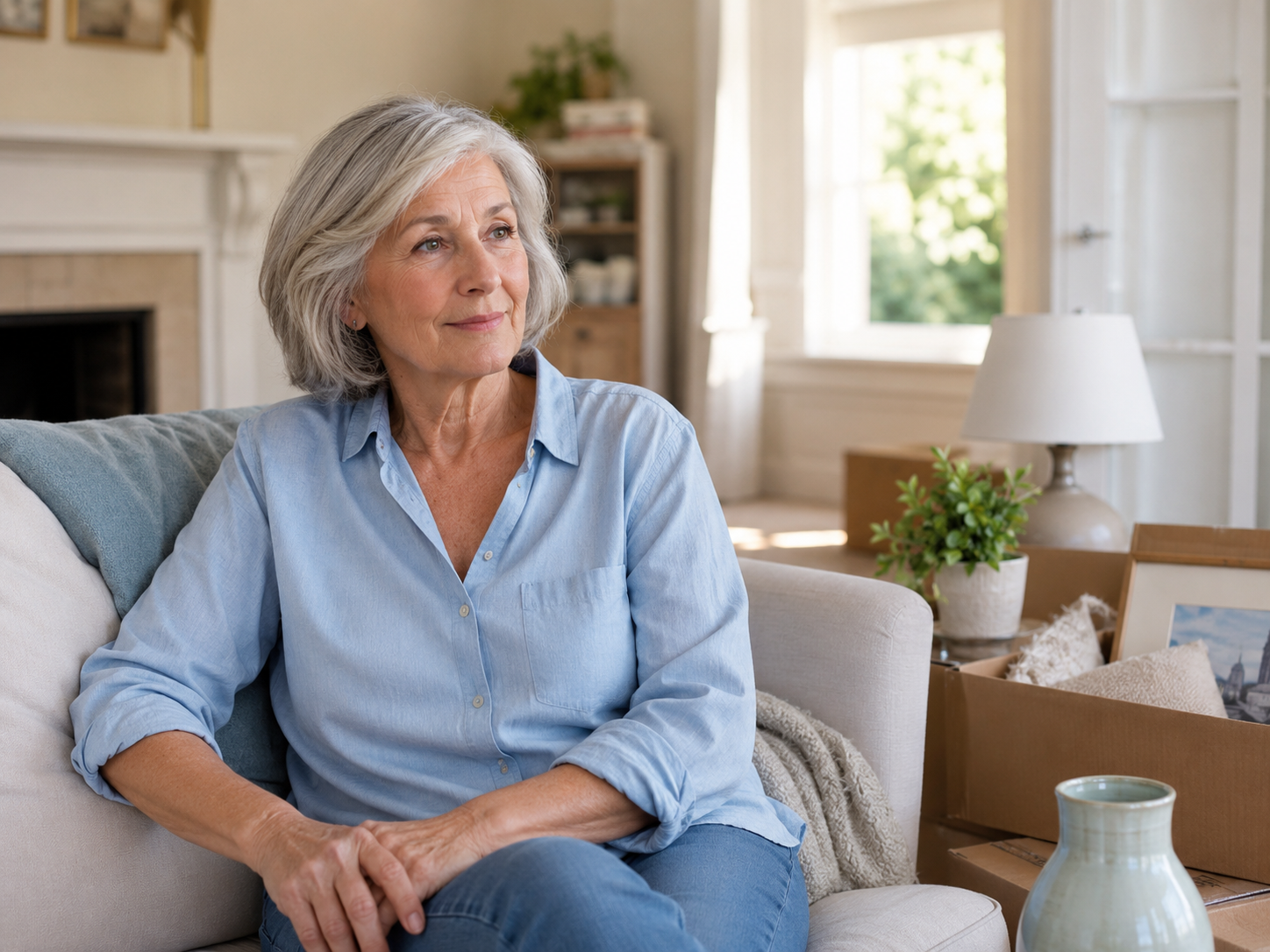 Older woman sitting calmly in a living room with moving boxes and belongings nearby