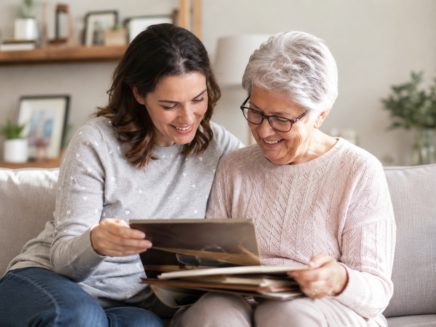 Adult daughter and older mother looking through family photos together at home